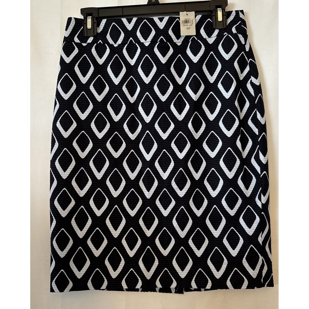 Ann Taylor Pencil Skirt Navy Blue & Gray Lined Geometric‎ Print Size 6P NWT Flaw